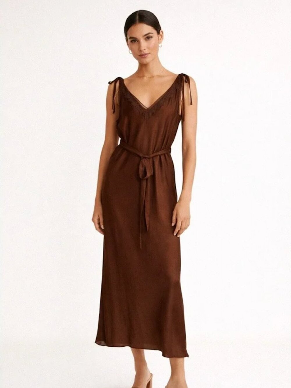 Skies are Blue Satin Lace Trim Tie Shoulder Midi Dress Brown Size Small